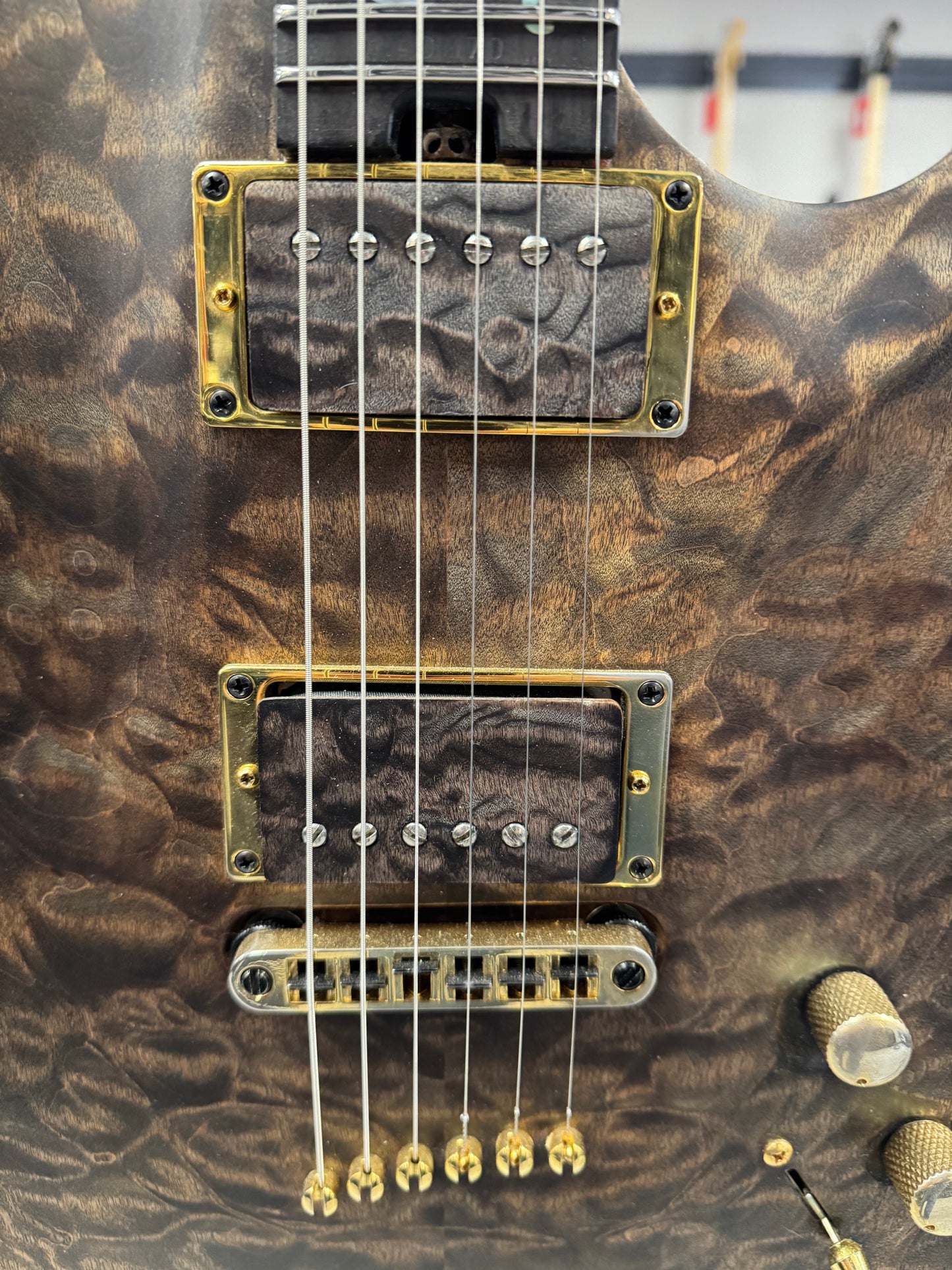 Close up of pickups of Used Warrior King's Closet Isabella Guitar w/Burl top w/Vine of Life w/Bag TSS6756