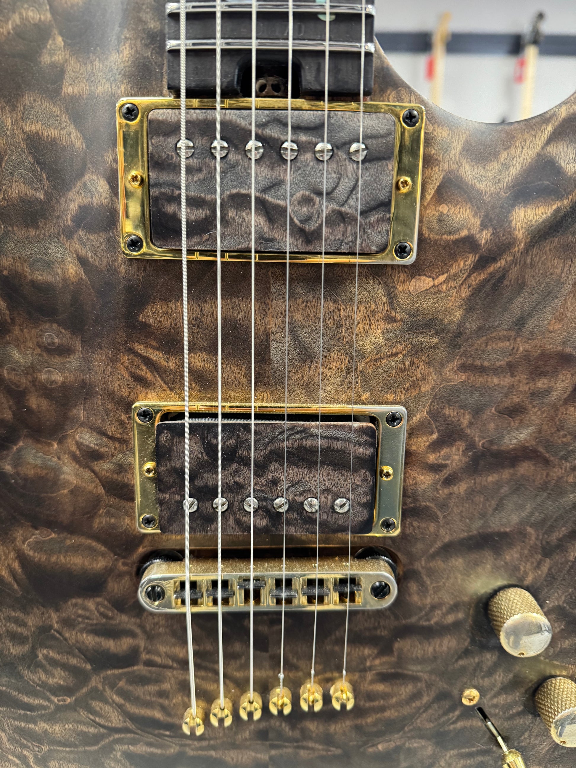 Close up of pickups of Used Warrior King's Closet Isabella Guitar w/Burl top w/Vine of Life w/Bag TSS6756