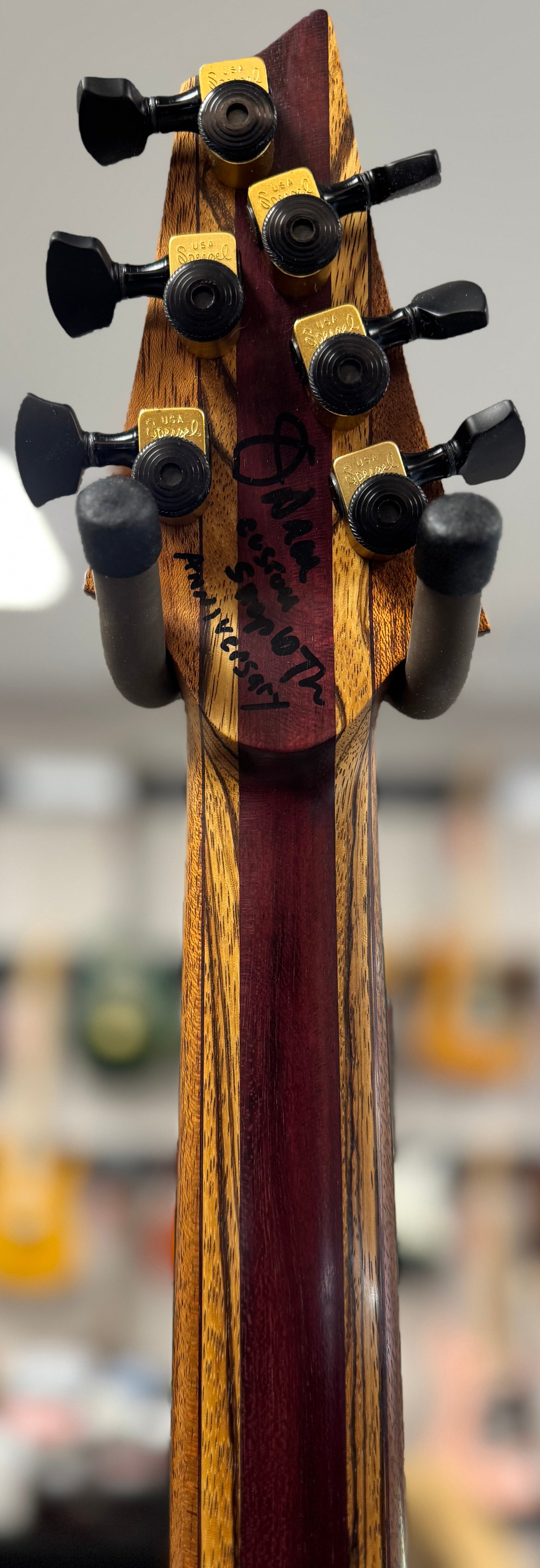 Back of headstock of Used Warrior King's Closet Isabella Guitar w/Burl top w/Vine of Life w/Bag TSS6756