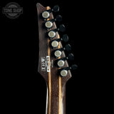 Close-up of a guitar headstock with brand logo on a black background