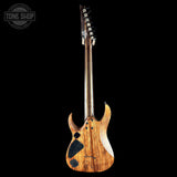 Double-neck electric guitar with a wood finish on a black background, featuring the Tone Shop logo.