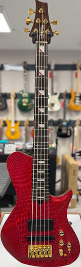 Front of whole Used Warrior Kings Closet Isabella 5-String Bass Red Alligator Top w/Bag TSS6755
