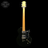 Full frontal of Vintage 1975 Gibson L6S Midnight Black w/Changed Tuners w/OHSC TFW3654.