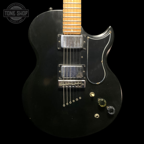 Front of Vintage 1975 Gibson L6S Midnight Black w/Changed Tuners w/OHSC TFW3654.