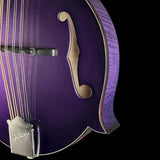 Close-up of a purple electric guitar body with gold hardware and strings against a black background.