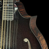 Close-up of a dark glitter-finish electric bass guitar body with a curved cutaway edge, maple wood fingerboard, and six strings against a black background.