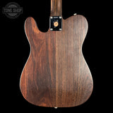 Wooden guitar body with brand logo on a black background