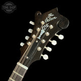 Close-up of the headstock of a Gibson acoustic guitar against a solid black background, showing the Gibson logo, six white tuning pegs, and part of the dark wood neck.
