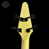 Yellow guitar neck with tuning pegs on a black background, featuring 'Tone Shop' logo.