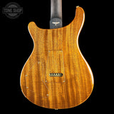 Close-up of the back of an electric guitar body with a warm honey-amber wood finish, shown against a solid black background. A Tone Shop watermark is visible in the top-left corner.