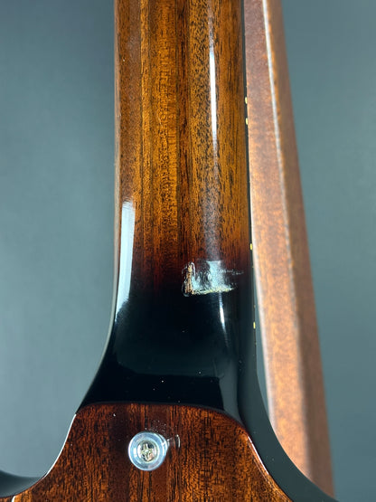 Close-up of a guitar neck with a dark finish and visible screw.