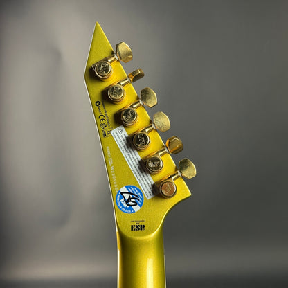 Gold guitar headstock with tuning pegs on a gray background
