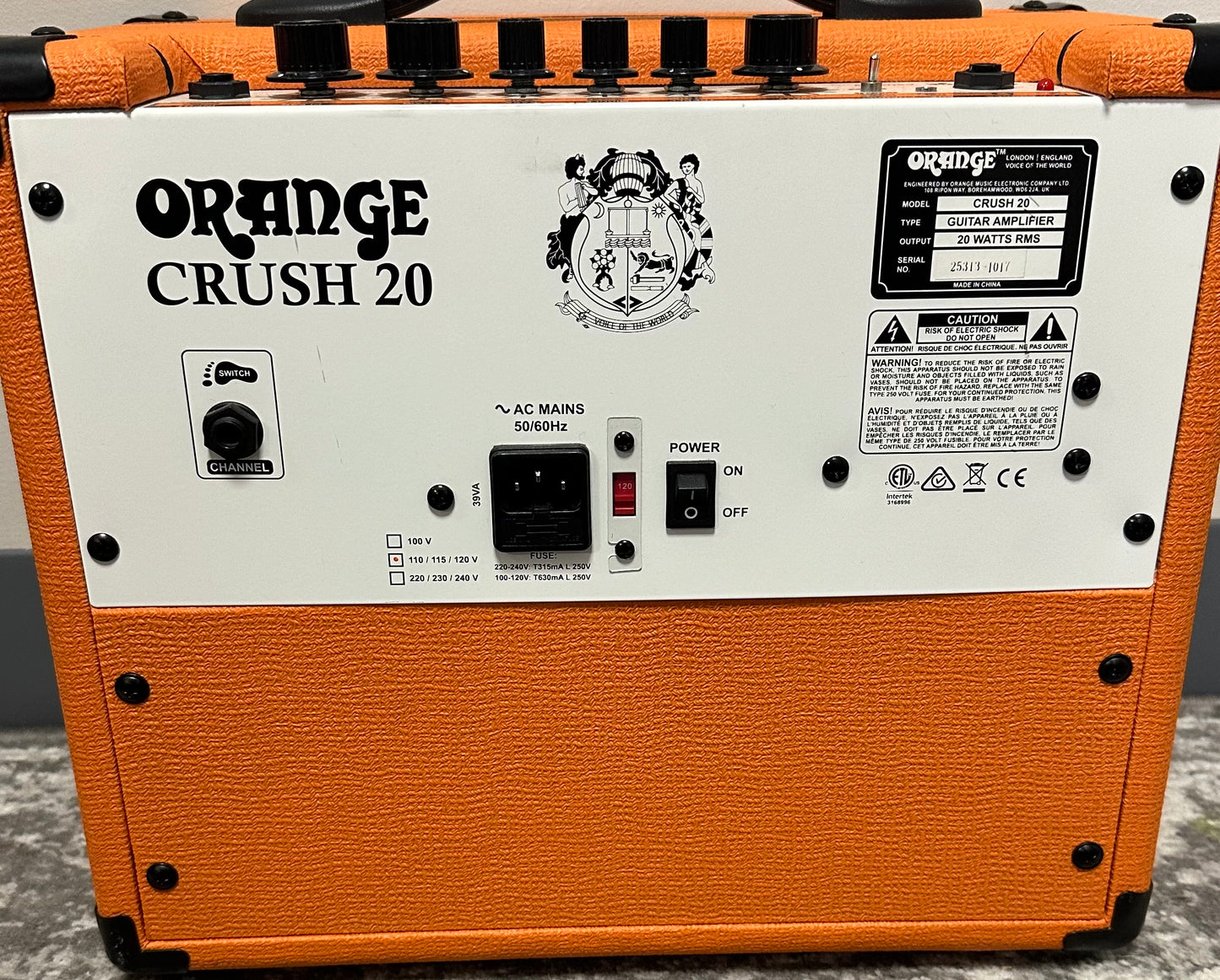 Back of Used Orange Crush 20 20 Watt 1x8 Combo TSS3778