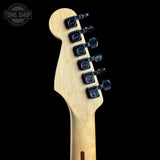 Back of headstock of Used 1999 Fender Standard Stratocaster White.