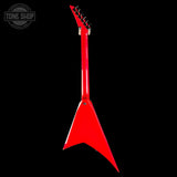 A bright red electric guitar shown from the back, featuring a distinctive angular tailpiece shape and black tuning pegs, set against a solid black background with a Tone Shop watermark in the top-left corner.