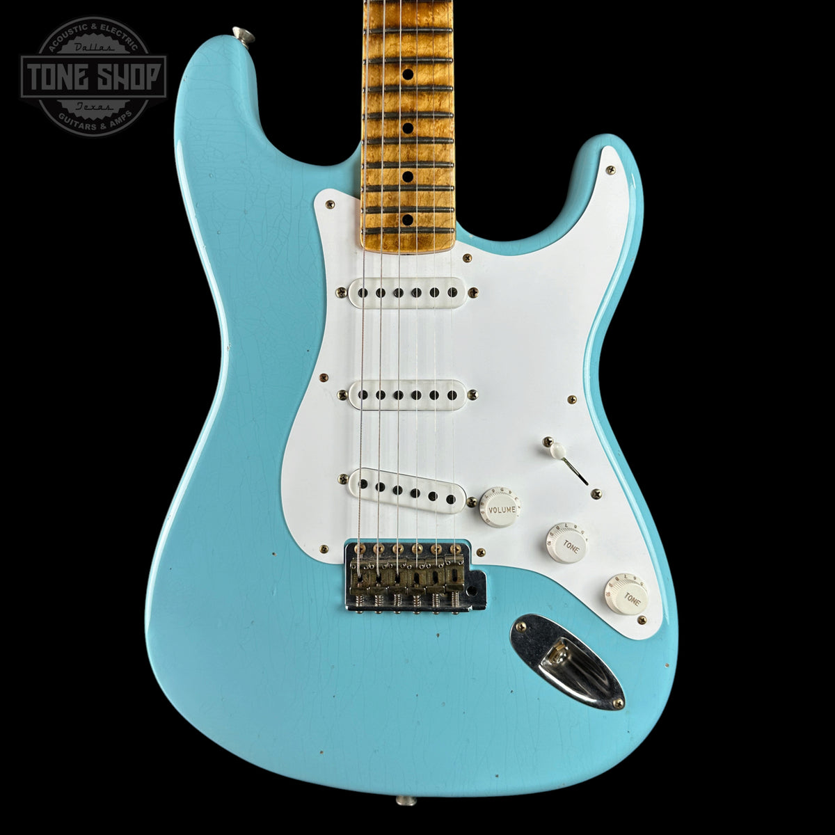 Front of Used Fender Custom Shop 70th Anniversary 1954 Strat Journeyman Relic Daphne Blue.