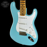 Front angle of Used Fender Custom Shop 70th Anniversary 1954 Strat Journeyman Relic Daphne Blue.