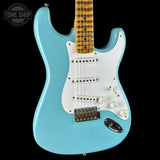 Front angle of Used Fender Custom Shop 70th Anniversary 1954 Strat Journeyman Relic Daphne Blue.
