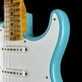 Front detail of Used Fender Custom Shop 70th Anniversary 1954 Strat Journeyman Relic Daphne Blue.