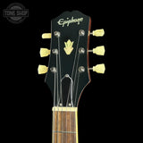 Headstock of Used Epiphone ES-335 Vintage Sunburst.