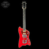 Red electric guitar on a black background with 'Tone Shop' logo.