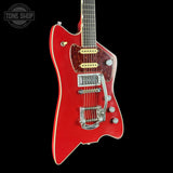 Red electric guitar with a black background, featuring the Tone Shop logo.