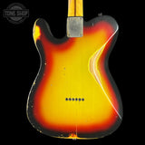 A classic sunburst electric guitar body, likely a Fender Telecaster style, shown from the back against a solid black background. The body features a distressed yellow, orange, and black sunburst finish with visible wear and scratches.