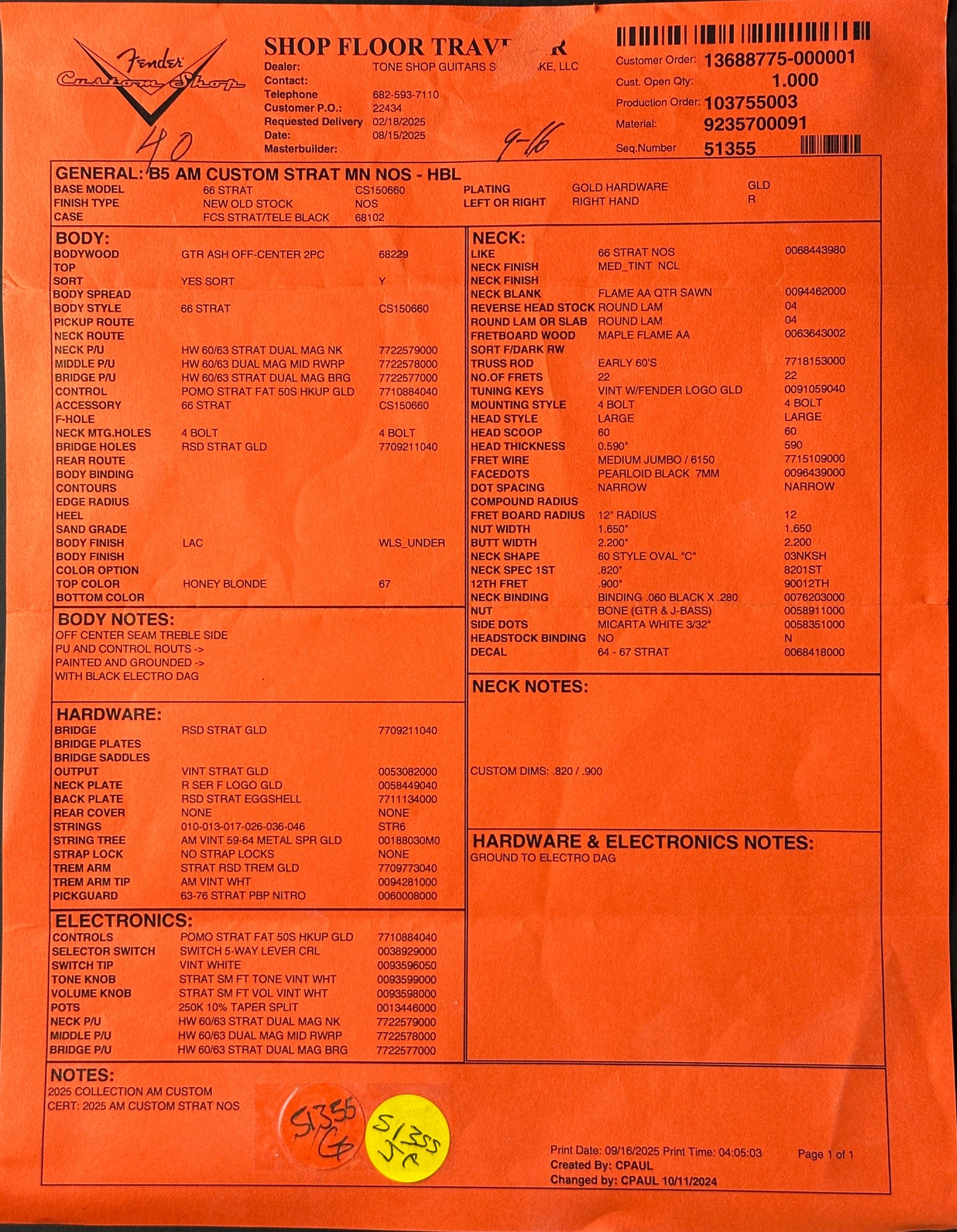 Spec sheet for Fender Custom Shop American Custom Strat MN NOS Honey Blonde.
