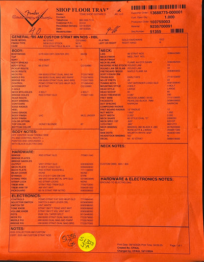 Spec sheet for Fender Custom Shop American Custom Strat MN NOS Honey Blonde.
