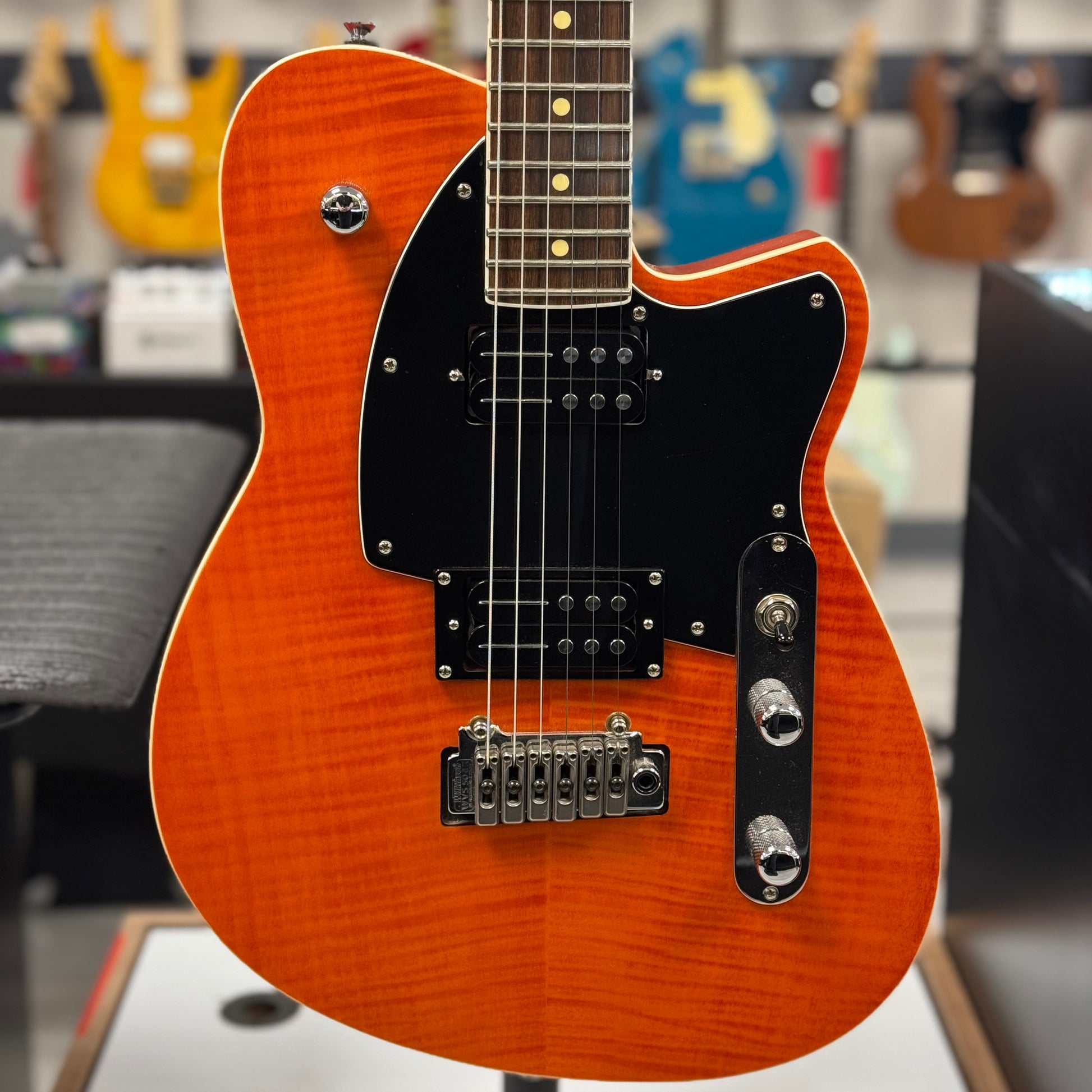 Front of Used Reverend Reeves Gabrels Signature Satin Orange Flame w/Case TSS6785