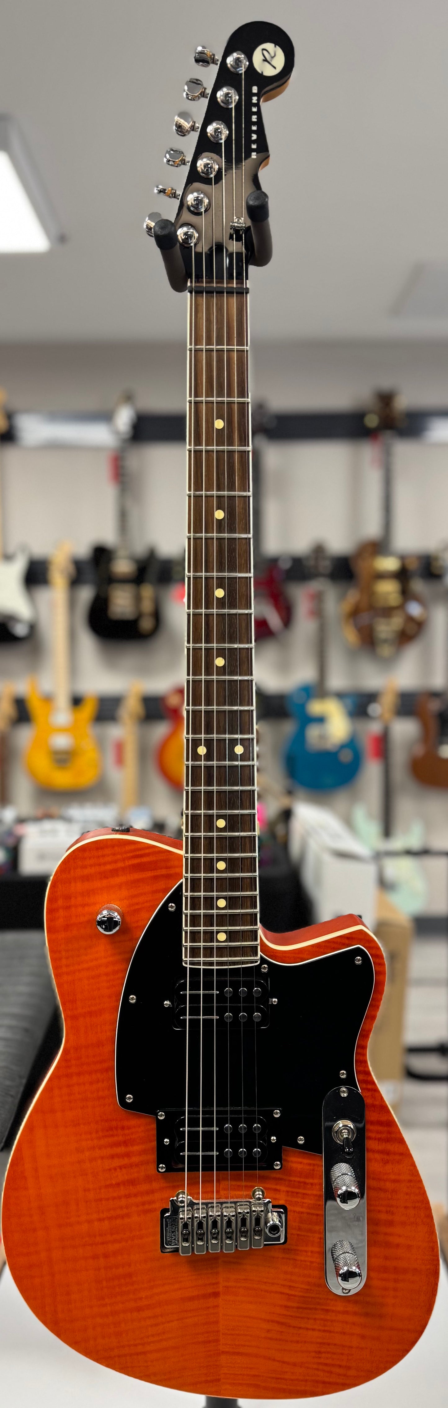 Full Front of Used Reverend Reeves Gabrels Signature Satin Orange Flame w/Case TSS6785