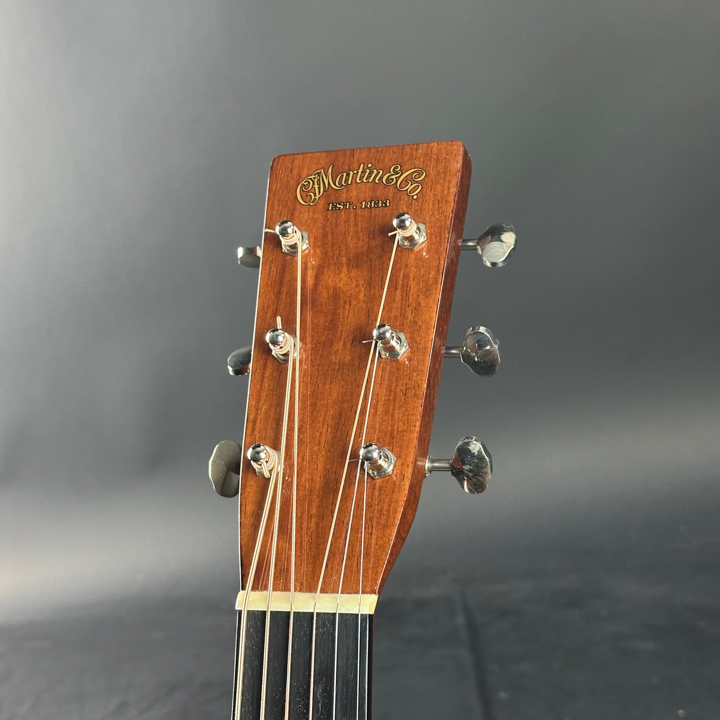 Close-up of a guitar headstock with 'Martin & Co' branding on a gray background