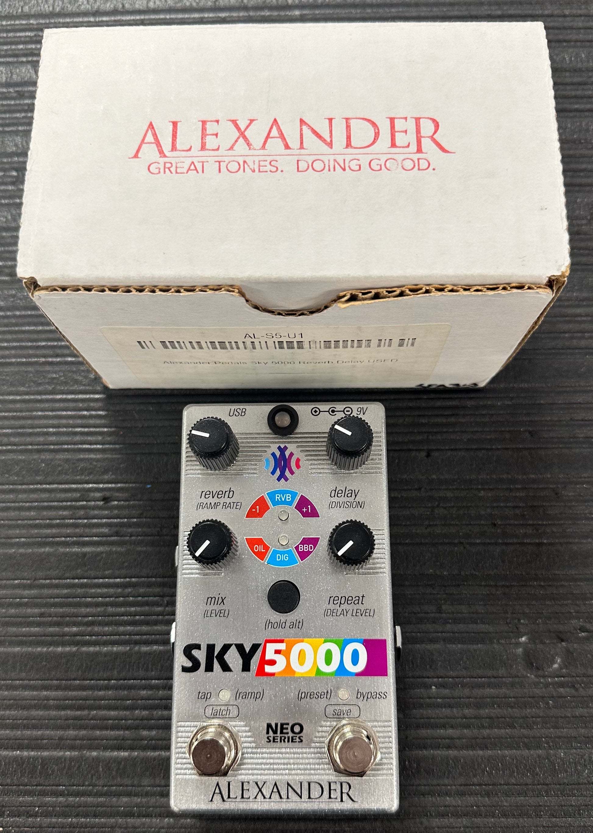 Top with box of Used Alexander Sky 5000 Reverb/Delay/Repeater w/box TSS3799