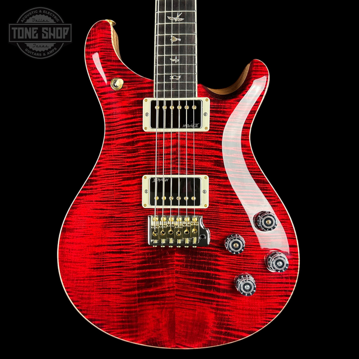 Front of PRS Select Wood Library McCarty 594 Trem 10 Top Red Tiger.