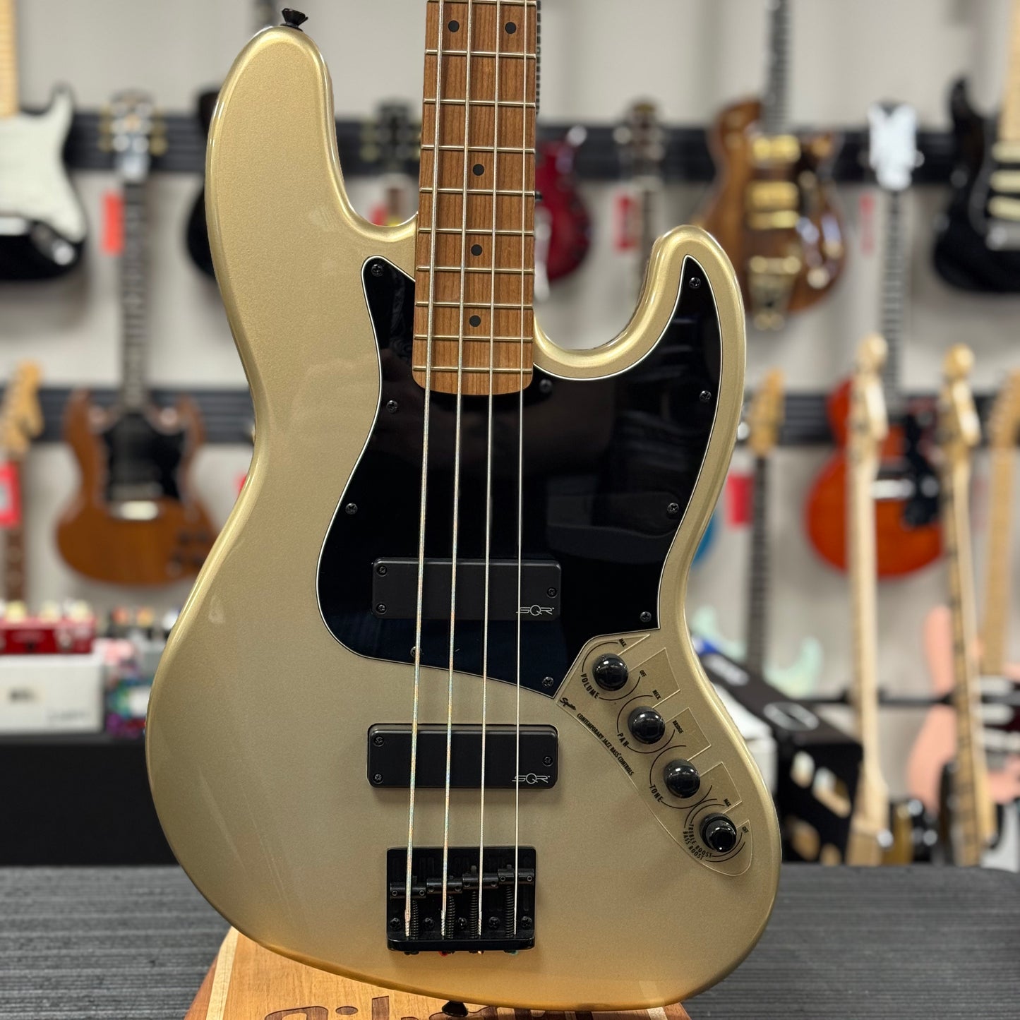 Front of Used 2022 Squier Contemporary Active Jazz Bass Gold TSS6792