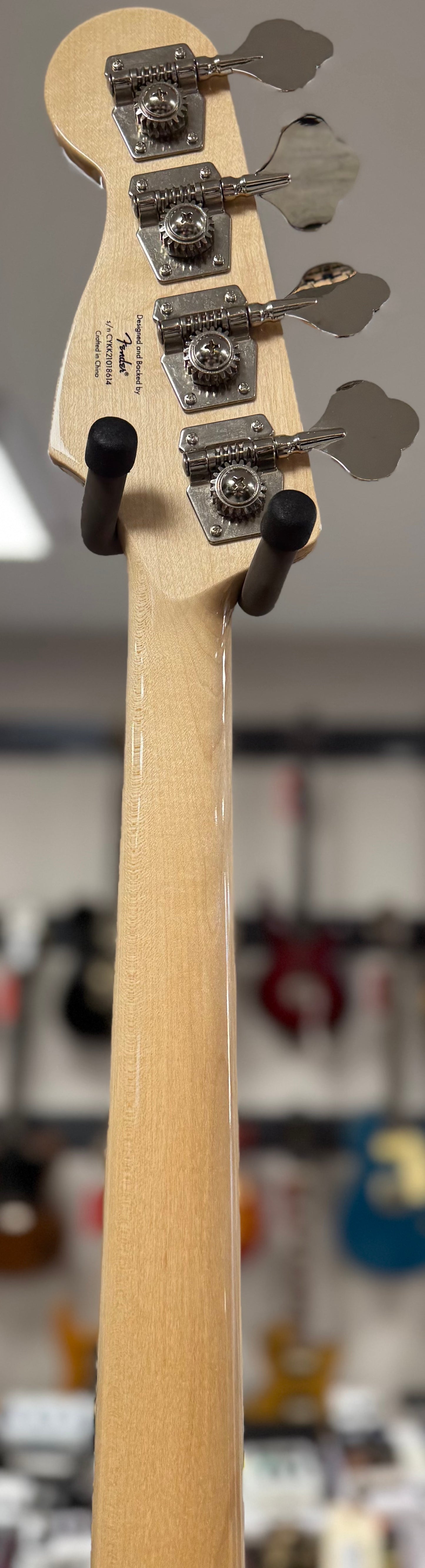 Back of neck of Used 2022 Squire Paranormal Jazz Bass '54 Black TSS6794