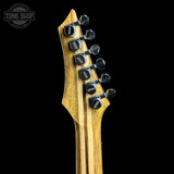 Back of headstock of Used Kiesel CT624M Blue Quilt Top Black Limba.