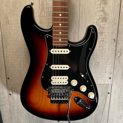 Front of Used 2018 Fender Player Stratocaster Floyd Rose HSS 3 Tone Sunburst TSS3833