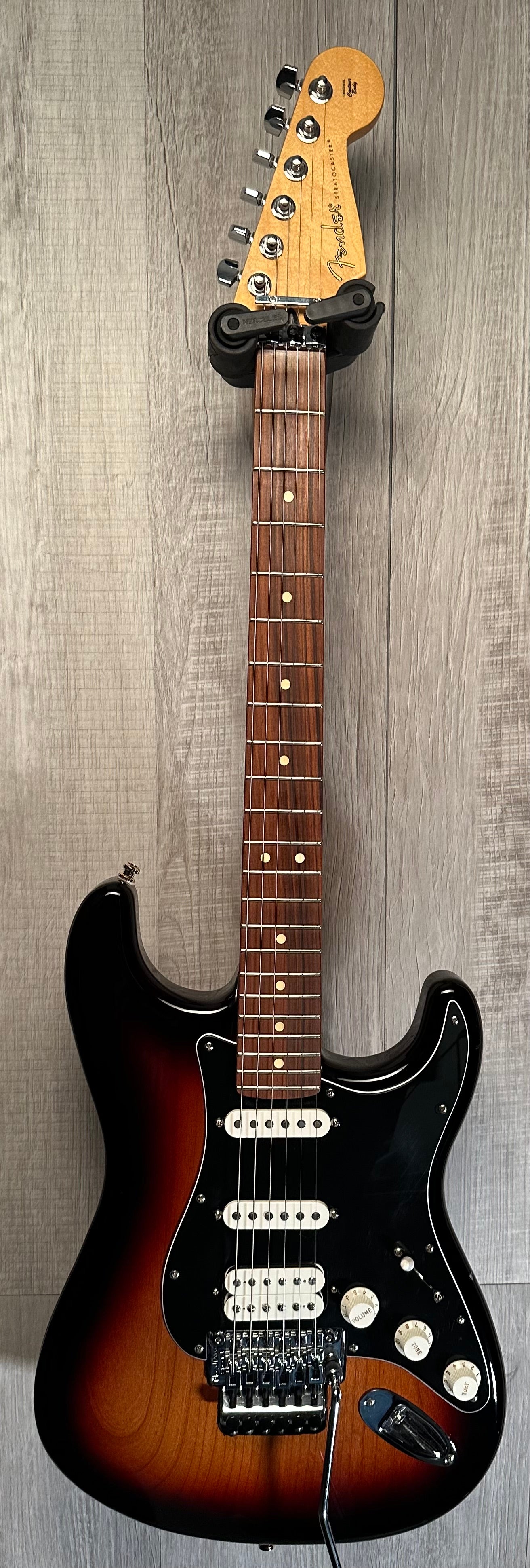 Full front of Used 2018 Fender Player Stratocaster Floyd Rose HSS 3 Tone Sunburst TSS3833