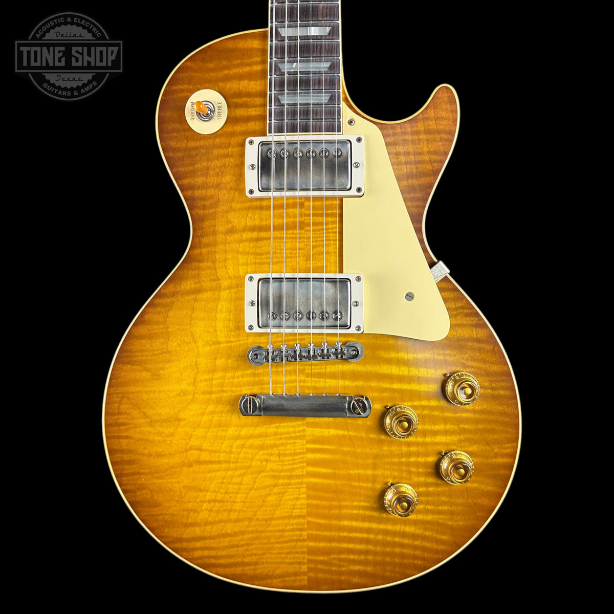 Front of Gibson Custom Dealer Select 1959 Les Paul Standard Golden Poppy AAA Top VOS.