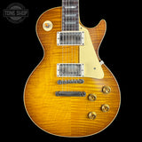 Front of Gibson Custom Dealer Select 1959 Les Paul Standard Golden Poppy AAA Top VOS.