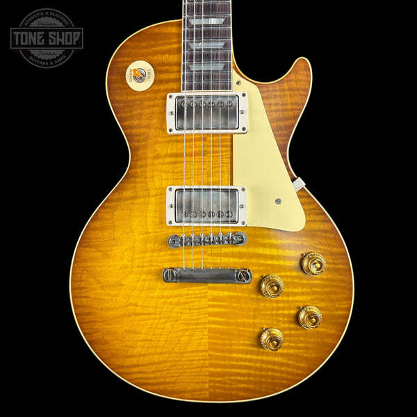 Front of Gibson Custom Dealer Select 1959 Les Paul Standard Golden Poppy AAA Top VOS.