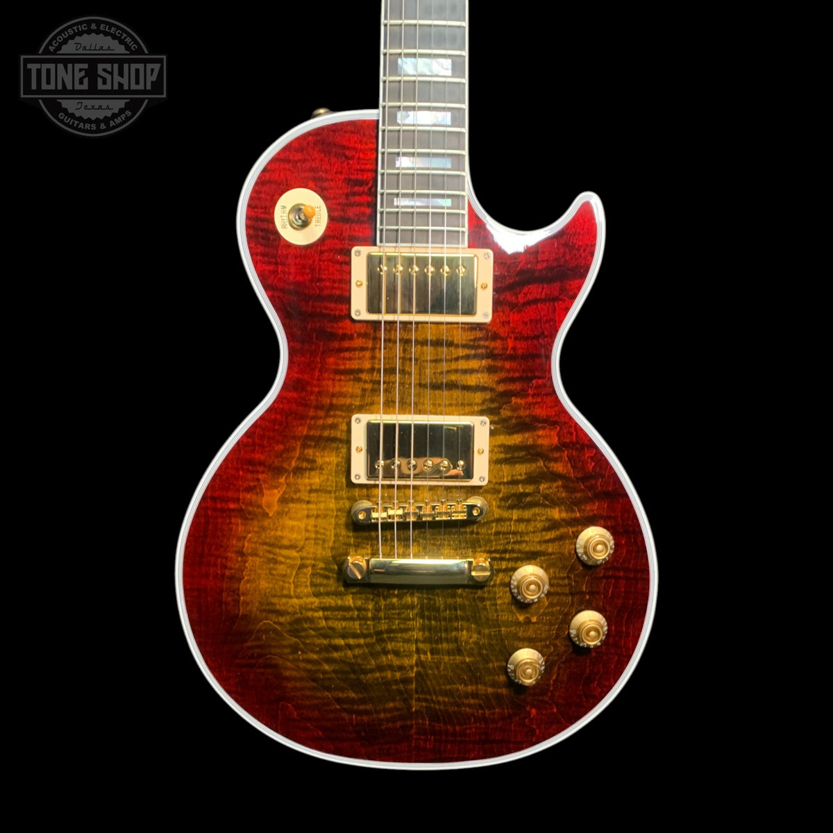 Front of Used 2024 Gibson Custom Shop Les Paul Axcess Custom Bengal Burst.