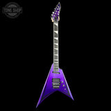 Purple electric guitar on a black background with 'Tone Shop' logo.