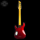 A red electric guitar shown from the back, featuring a glossy red body, a natural yellow maple neck, and a black headstock, photographed against a solid black background.