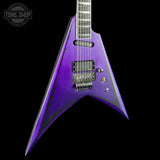 Purple electric guitar with a black background