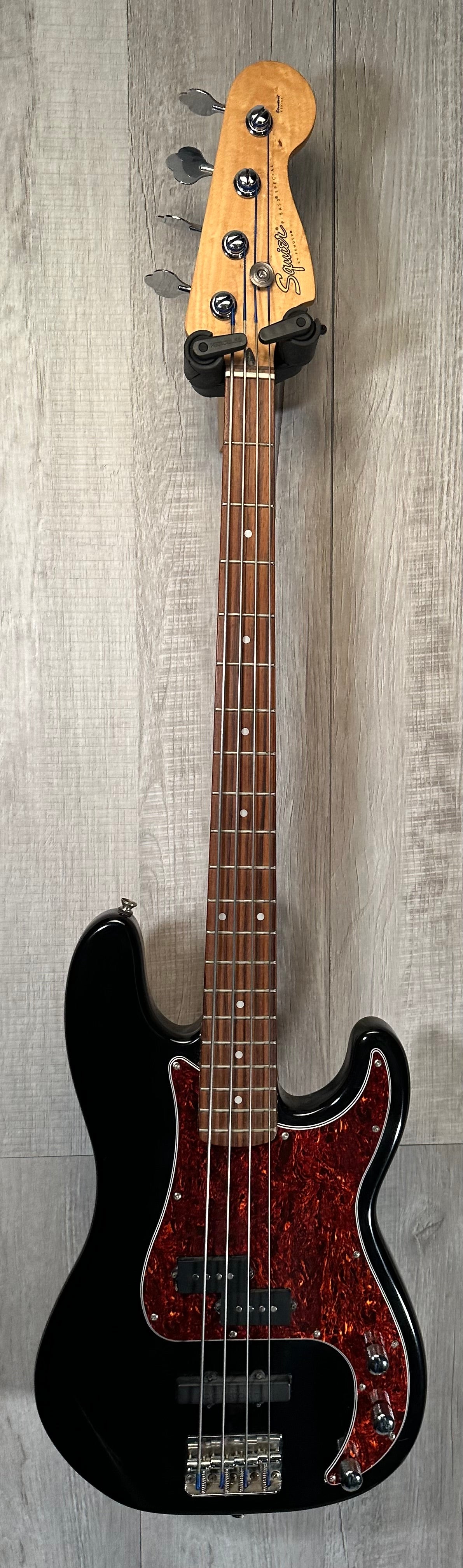 Full front of Used 1999 Squier Precision Bass Special Black w/Bartonlini Bridge Pickup TSS3836