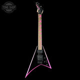 Black and pink electric guitar on a black background with 'Tone Shop' logo.