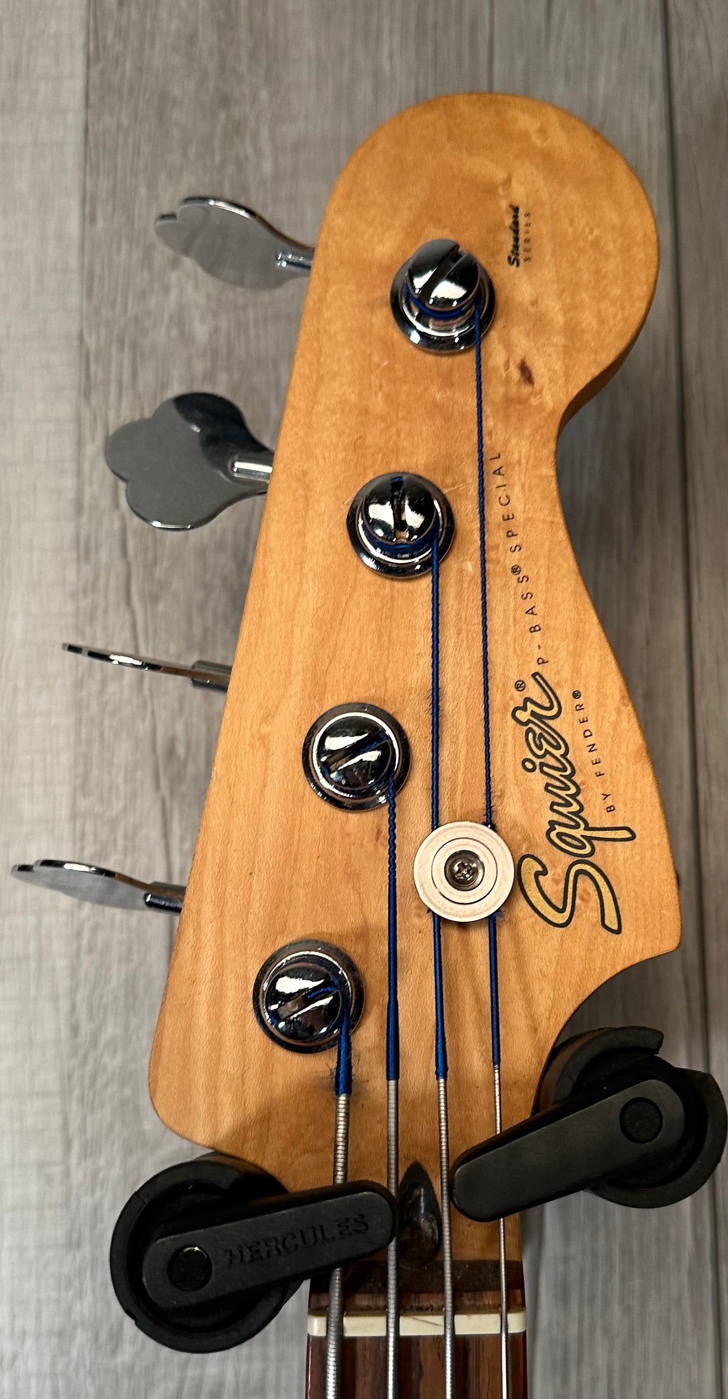 Headstock of Used 1999 Squier Precision Bass Special Black w/Bartonlini Bridge Pickup TSS3836