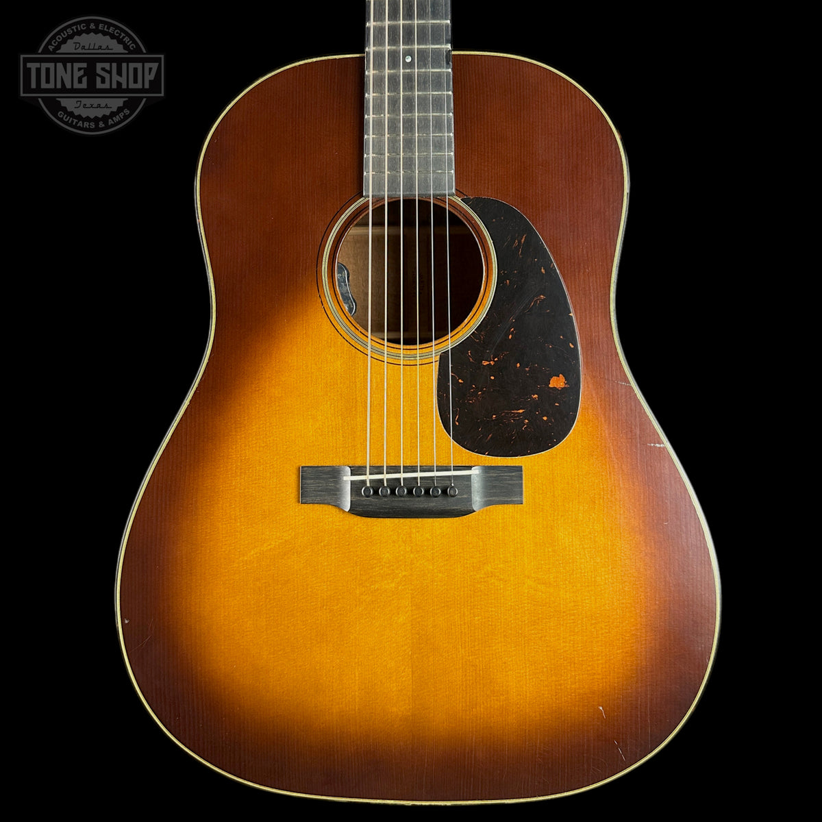Front of Used Martin Custom Shop 37 Authentic Spec Slope Shoulder Dread Ambertone Stage 1 Aging VTS Adirondack/Flamed Mahogany.